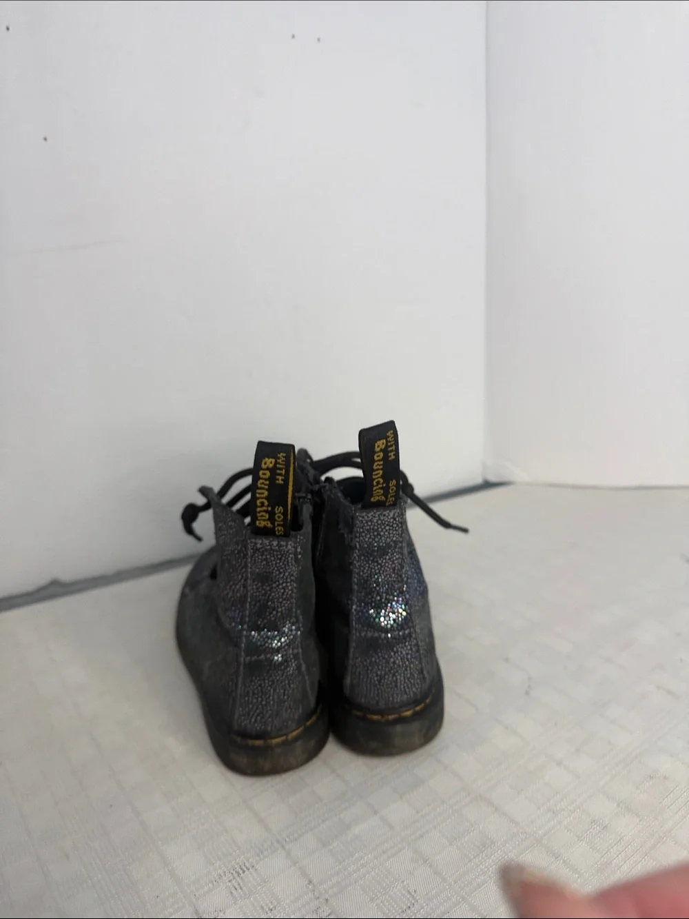 Dr. Martens Pascal Lace Up Boots Black Suede Outer Iridescent Foil Kids Girls 11